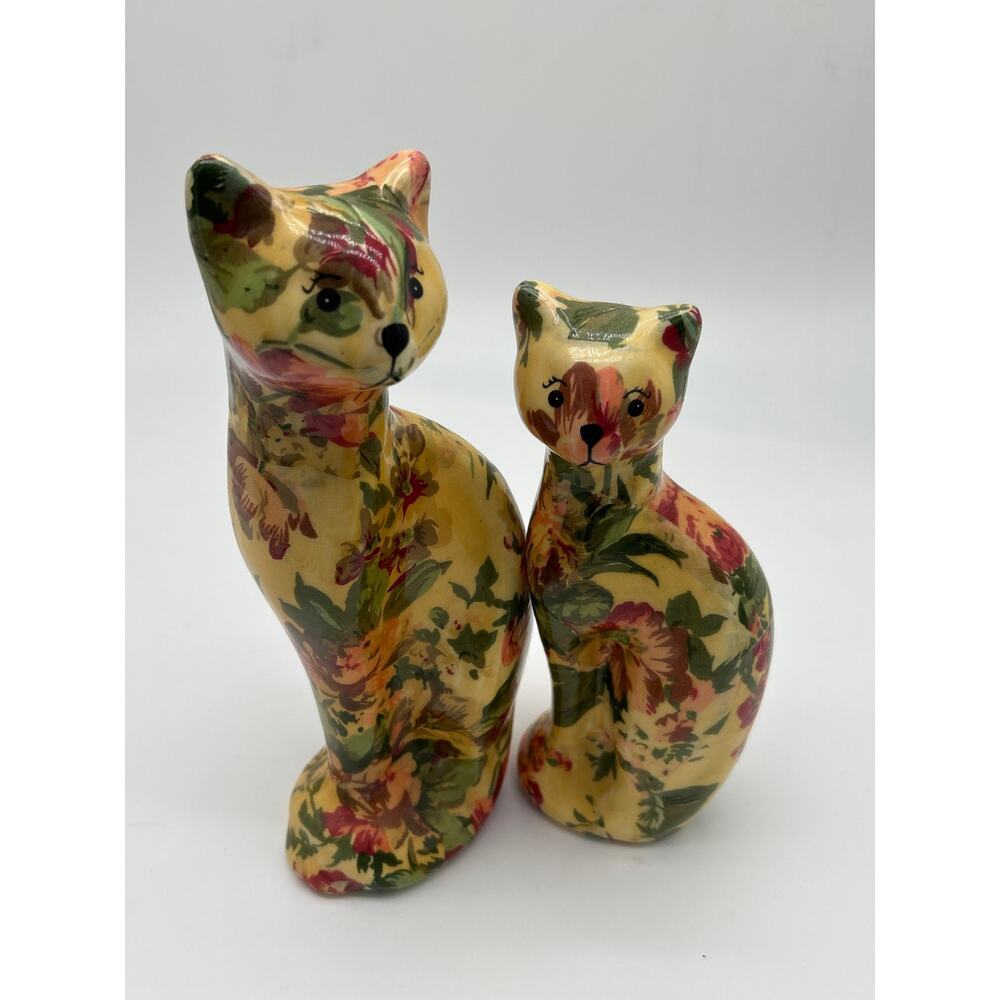 Vintage Floral Cat Figurines Set of 2 Decoupage Cottagecore Decor Whimsical